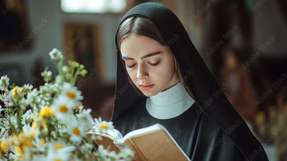 A Catholic nun is praying inside a church. A Catholic nun is praying inside a church.
