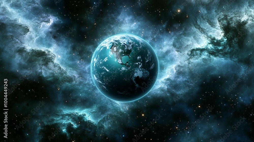 Obraz premium A blue planet with a swirling nebula in the background.