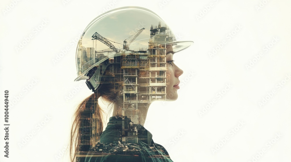 A double exposure image of a woman in a hard hat, blending her profile with a construction site. A double exposure image of a woman in a hard hat, blending her profile with a construction site.