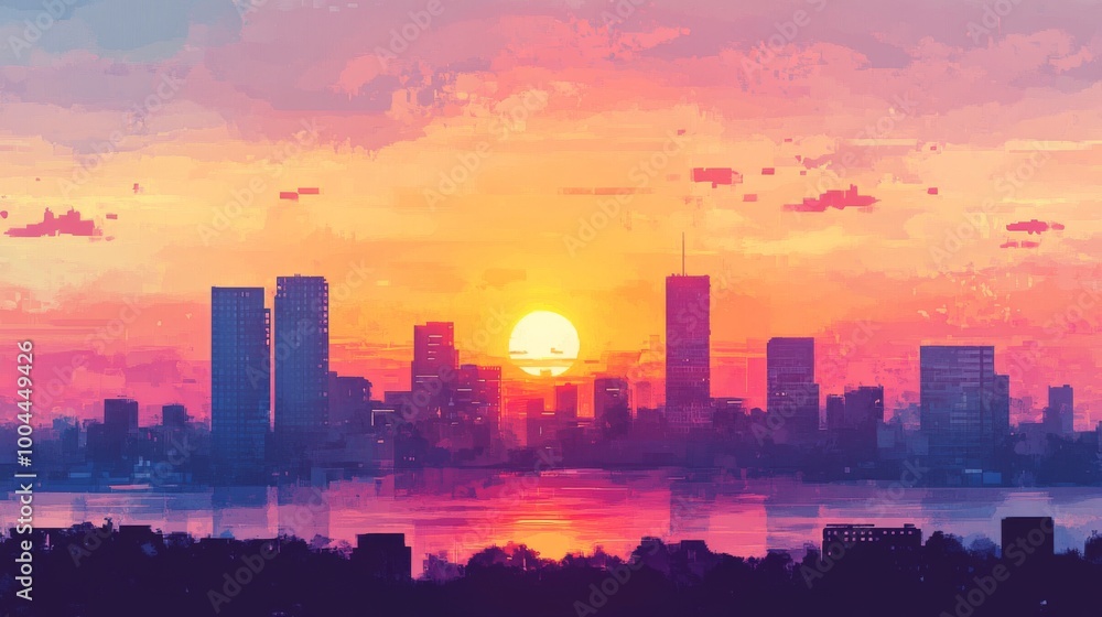 Fototapeta premium A beautiful sunset view of a city skyline featuring high-rise buildings silhouetted against a colorful sky, creating a picturesque moment of urban tranquility.