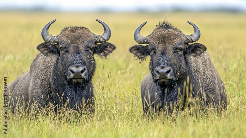 Two African buffaloes resting in tall grass under a cloudy sky during late afternoon in a savanna environment Two African buffaloes resting in tall grass under a cloudy sky during late afternoon in a savanna environment