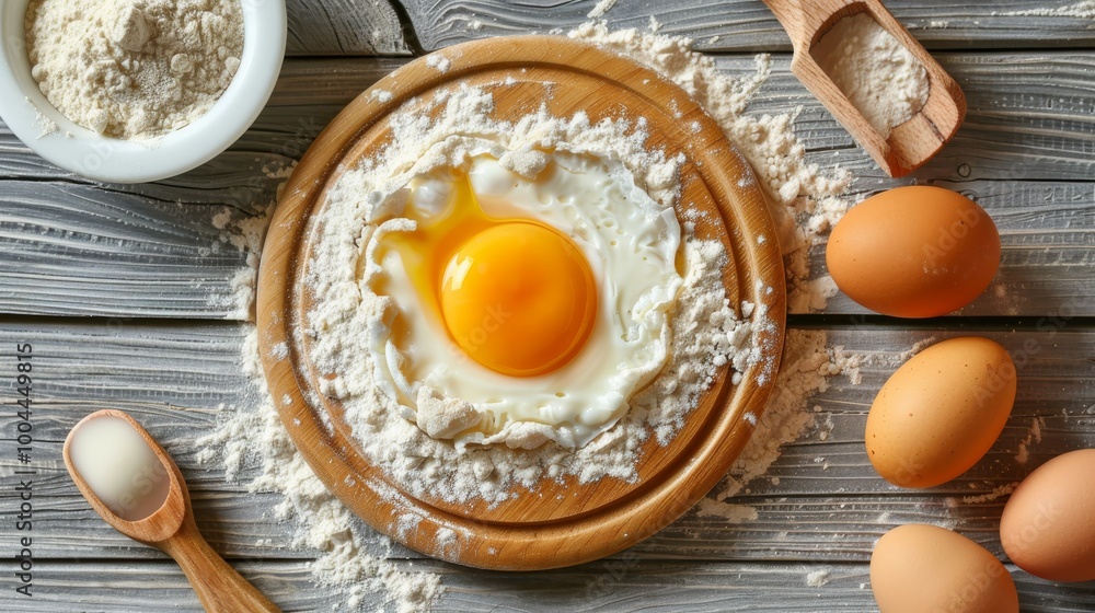 Dough, eggs and flour cooking on white wooden plate Dough, eggs and flour cooking on white wooden plate