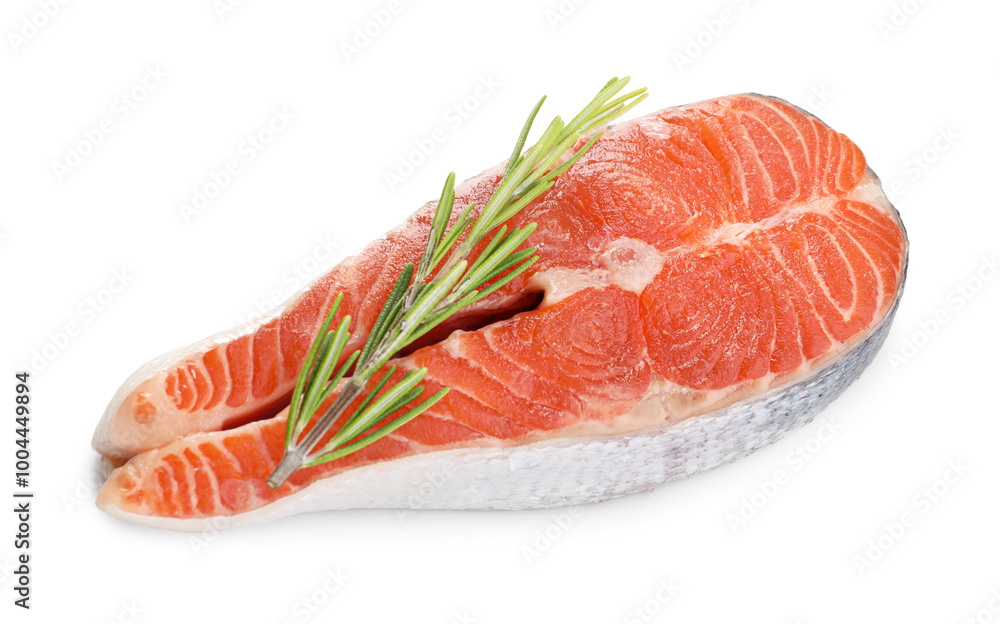Fresh salmon steak and rosemary isolated on white, above view Fresh salmon steak and rosemary isolated on white, above view