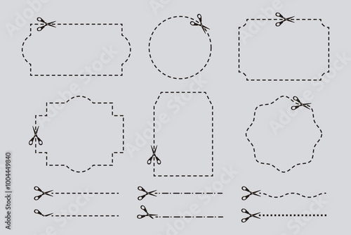 Ilustración vectorial de tijeras. Colección de marcos vectoriales para corte aislados.