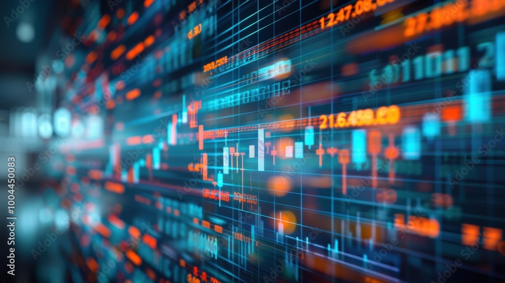Close-up digital stock market board displaying red numbers and fluctuating graphs. Real-time data represents fast-moving trading activity and market fluctuations in global financial environment. Close-up digital stock market board displaying red numbers and fluctuating graphs. Real-time data represents fast-moving trading activity and market fluctuations in global financial environment.