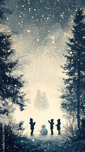 Children joyfully building snowman in snowy landscape, surrounded by tall trees and falling snowflakes, creating magical winter scene