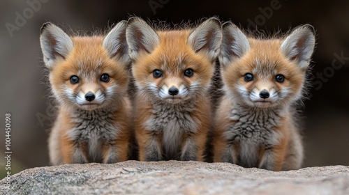 Three adorable fox cubs stand on a rocky surface, showcasing their fluffy fur and curious expressions in a natural setting