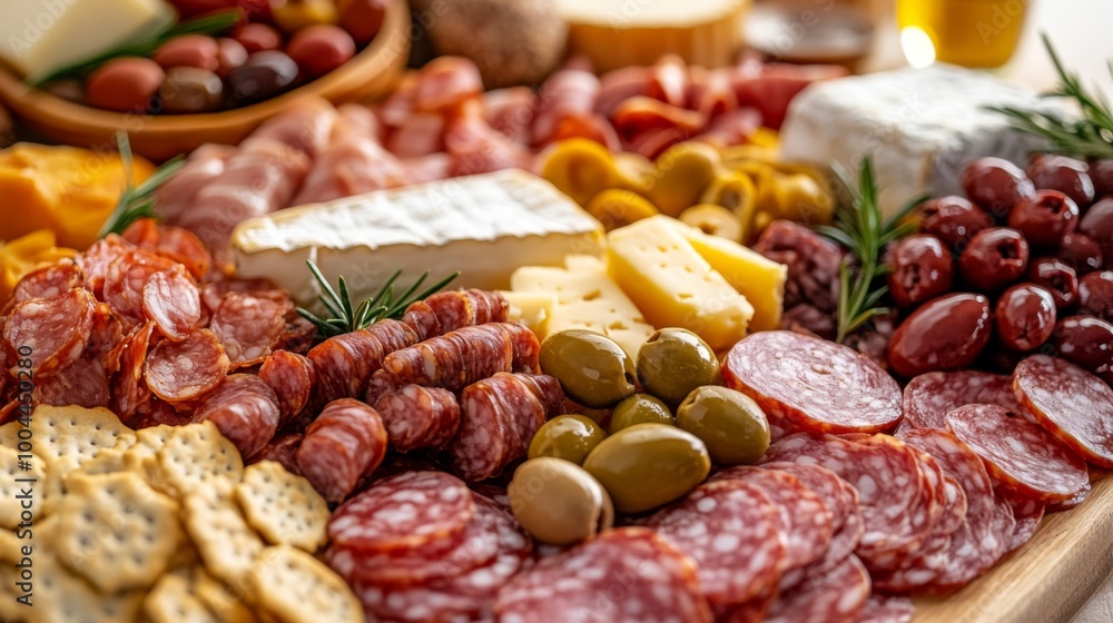 A beautifully arranged charcuterie board featuring an assortment of sausages, cheeses, olives, and crackers, perfect for entertaining and gourmet dining. A beautifully arranged charcuterie board featuring an assortment of sausages, cheeses, olives, and crackers, perfect for entertaining and gourmet dining.
