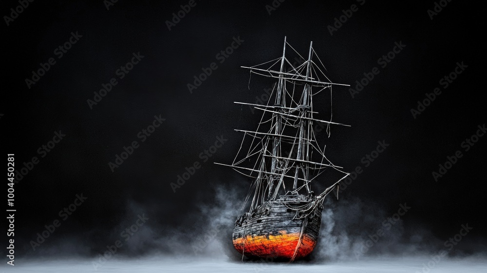 Obraz premium Detailed model of a ship in flames, smoke, dark background.