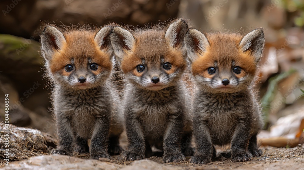Three playful fox cubs exploring their natural habitat in the forest during a sunny afternoon Three playful fox cubs exploring their natural habitat in the forest during a sunny afternoon