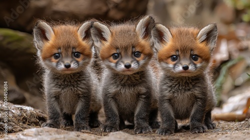 Wallpaper Mural Three playful fox cubs exploring their natural habitat in the forest during a sunny afternoon Torontodigital.ca