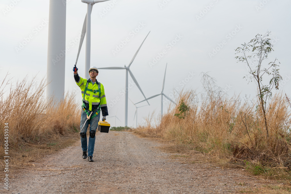 Φωτογραφία Male engineer windmill wearing uniform and helmet walking survey work in wind farms after inspection and maintenance of wind turbine to generate electrical energy, Renewable energy