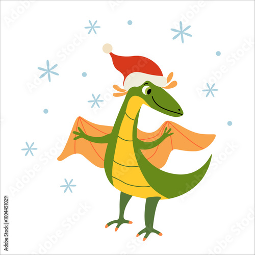 Cute baby dinosaur with wings and snowfall. Dino wearing santa hat. Vector flat illustration for winter and Christmas cards. Xmas design