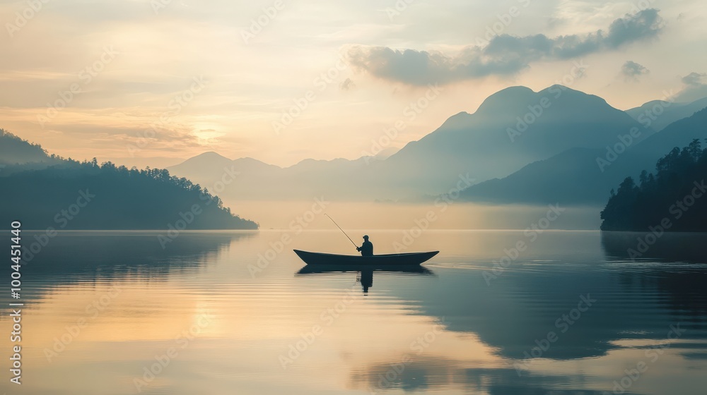 A solitary fisherman in a small boat peacefully casts his fishing line on a calm lake. Soft morning light illuminates the distant mountains and the still water A solitary fisherman in a small boat peacefully casts his fishing line on a calm lake. Soft morning light illuminates the distant mountains and the still water
