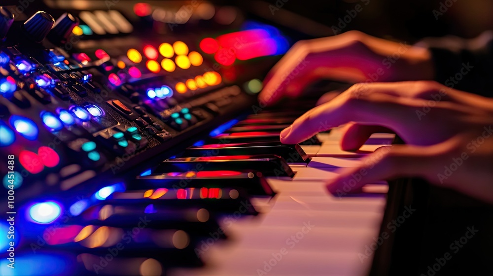 A close-up of colorful LED lights on an electronic pianos control panel, with hands gently adjusting the sound settings while playing. A close-up of colorful LED lights on an electronic pianos control panel, with hands gently adjusting the sound settings while playing.