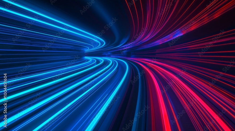 Dynamic flow of blue and red light streaks in a dark background. Dynamic flow of blue and red light streaks in a dark background.