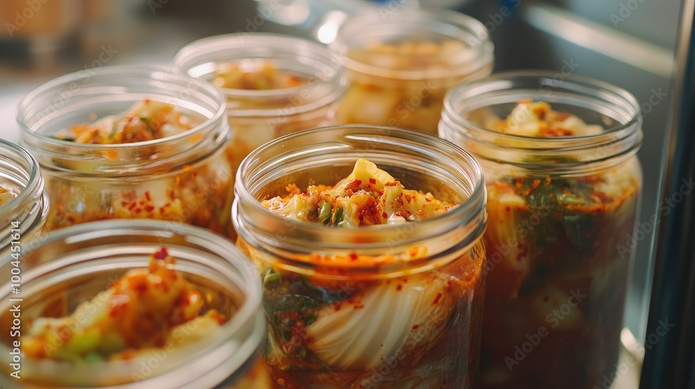A close-up of kimchi being packed into glass jars, with cabbage pieces coated in spicy gochugaru paste, ready for fermentation in a Korean home kitchen. A close-up of kimchi being packed into glass jars, with cabbage pieces coated in spicy gochugaru paste, ready for fermentation in a Korean home kitchen.