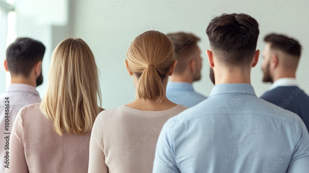 Diverse group of people standing together, viewed from the back in a modern setting. Diverse group of people standing together, viewed from the back in a modern setting.