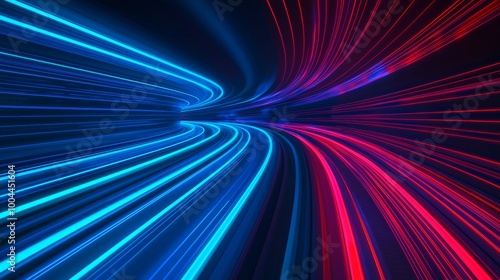 Dynamic flow of blue and red light streaks in a dark background.