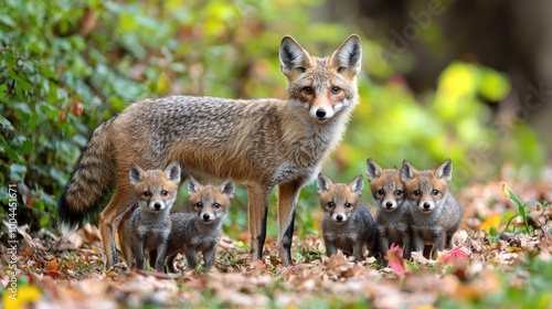 A beautiful fox and her playful kits exploring a colorful autumn forest during a sunny afternoon