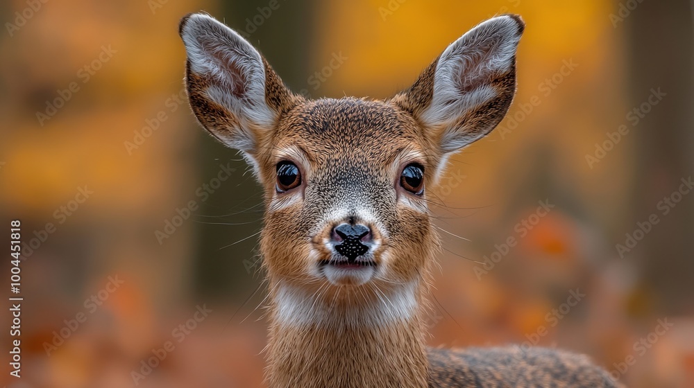 A young deer gazes attentively in a vibrant autumn forest showcasing colorful foliage and soft light during a peaceful afternoon