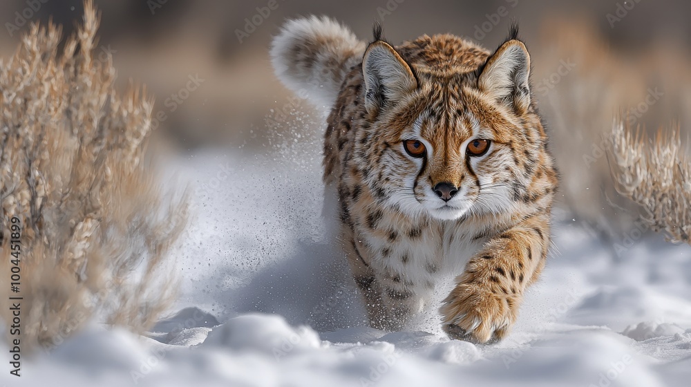 Obraz premium A lynx prowls through deep snow in a winter landscape, showcasing its powerful stride and keen hunting instincts