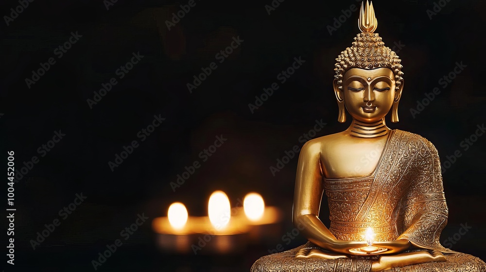 Golden Buddha statue with candlelight ambiance, dark background. Golden Buddha statue with candlelight ambiance, dark background.