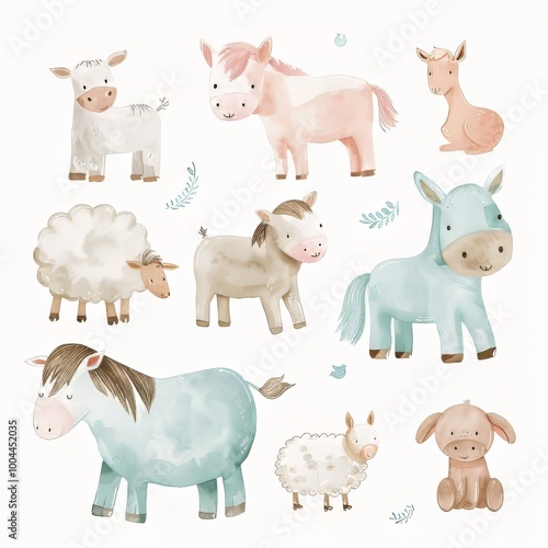 Farmyard scene with cute animals. Charming scene on white background for nursery poster