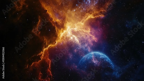 A colorful nebula spreading across the cosmos, with Earth faintly visible in the lower corner, showcasing the contrast between the planet and the universe.