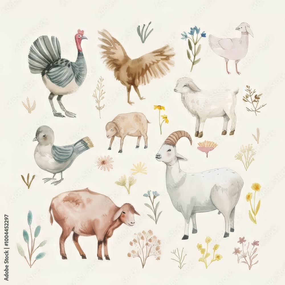 Fototapeta premium Farmyard scene with cute animals. Charming scene on white background for nursery poster