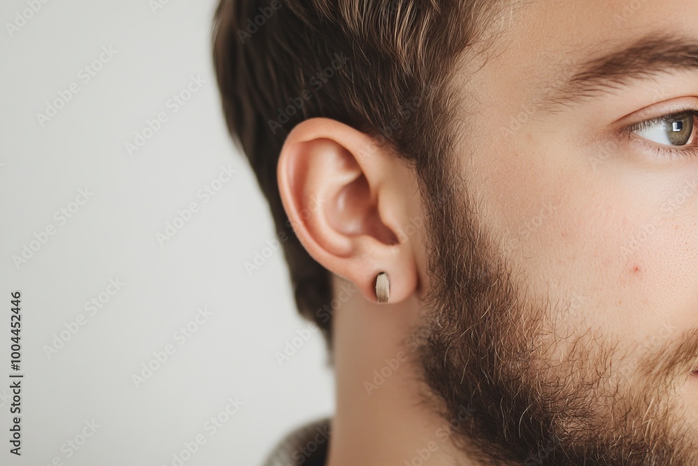 Close up view of a man's ear on white background. Copy space. generative ai Close up view of a man's ear on white background. Copy space. generative ai