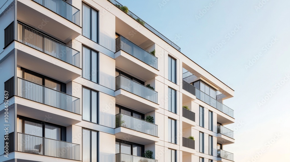 Modern apartment building with balconies, clear sky emphasized. Modern apartment building with balconies, clear sky emphasized.