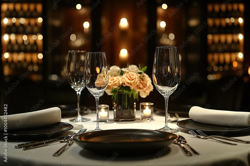 A table with two wine glasses and a vase of flowers A table with two wine glasses and a vase of flowers