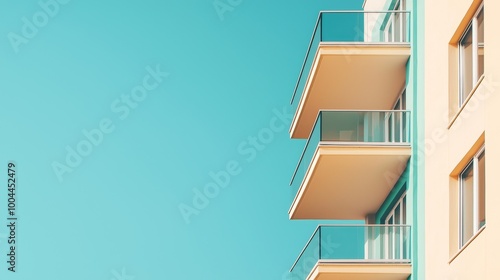 Modern apartment balcony with blue sky backdrop.