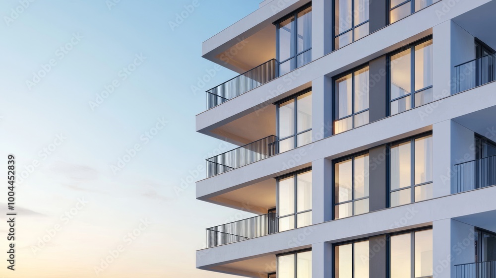 Modern residential building with balconies against a clear sky. Modern residential building with balconies against a clear sky.