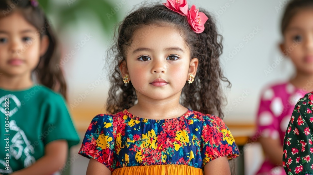 Portrait of a young girl with curly hair and colorful clothing. Portrait of a young girl with curly hair and colorful clothing.
