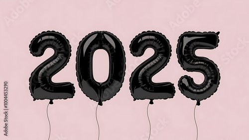 Happy New Year 2025. Black balloons on pink background. 
 photo