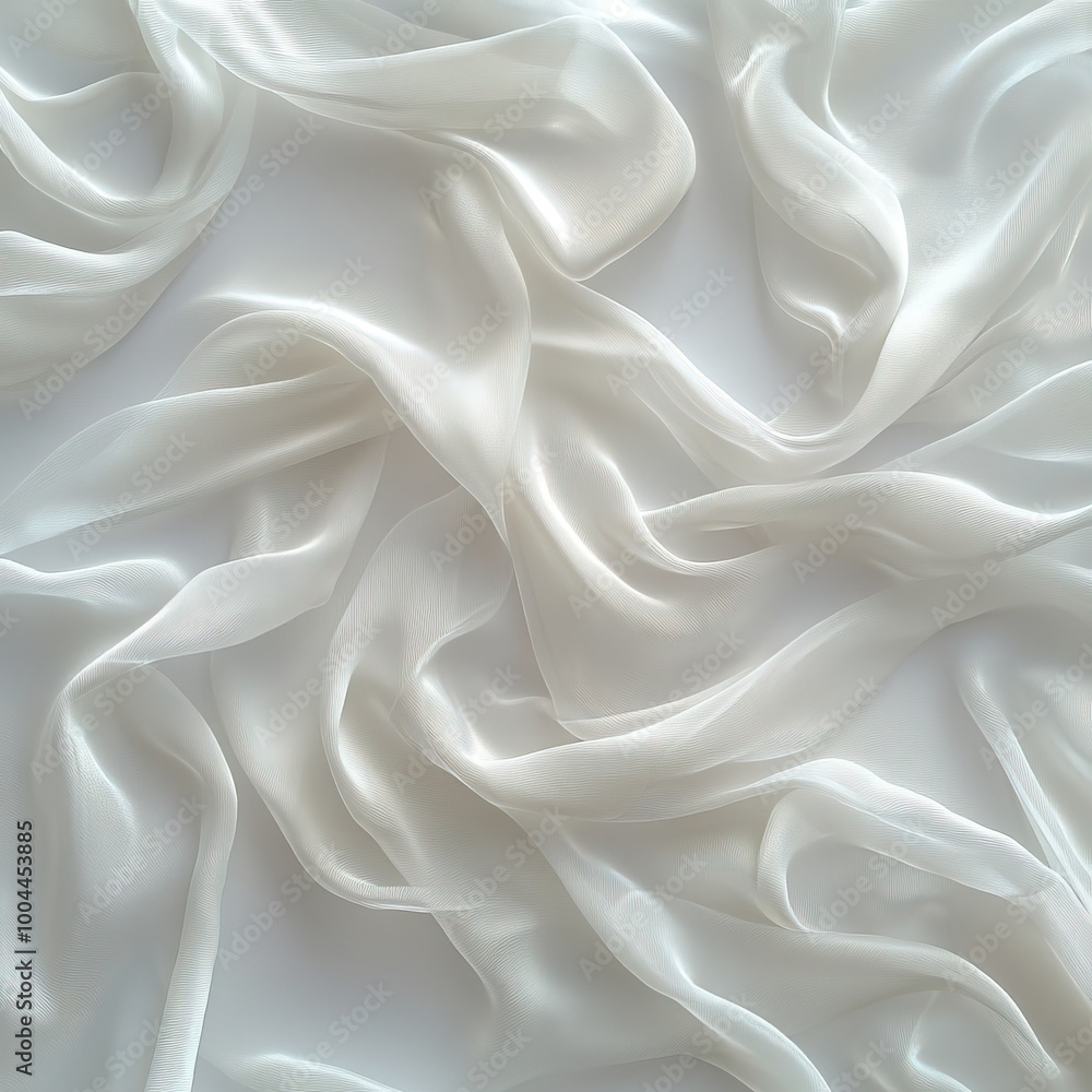 Fototapeta premium Delicate white silk fabric draped elegantly on white background, creating a soft and flowing texture.