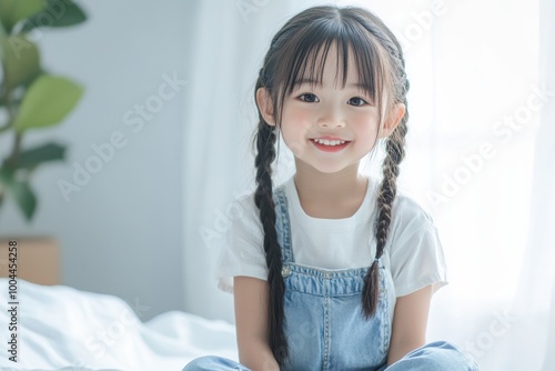 A joyful, braided Asian girl jumps energetically on a bed in a cozy room, reflecting the playful spirit that is perfect for promoting children’s products or family-oriented content. photo