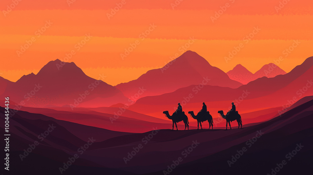 Naklejka premium Silhouette of three men riding camels in desert at sunset, surrounded by majestic mountains. vibrant colors create serene and adventurous atmosphere