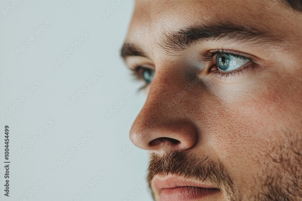 Fototapeta premium Close up view of a man's ear on white background. Copy space. generative ai