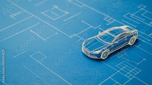 Car model on blue blueprint background showcasing design details.