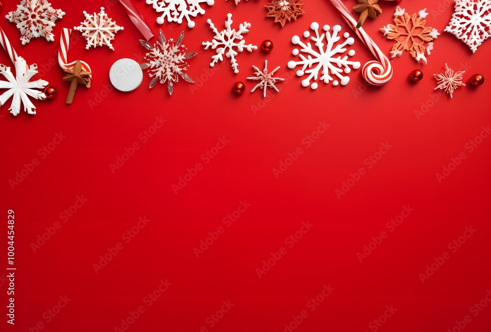 Christmas Decorations Flat Lay Red Background Christmas Decorations Flat Lay Red Background