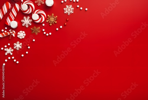 Red Christmas Background With Candy Canes & Snowflakes