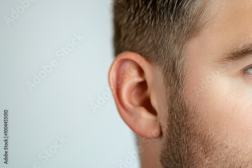 Close up view of a man's ear on white background. Copy space. generative ai