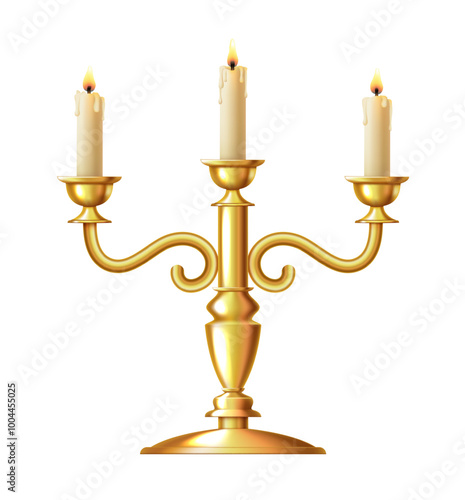 Three-arm candlestick. Golden candlestick. Candelabrum. Vector 3d clipart isolated on white background.