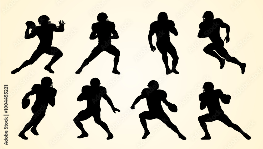 Fototapeta premium Silhouettes of American football players in various action poses, depicting passing, running, and defensive stances. The figures are shown in dynamic motion, highlighting athleticism and strategy.