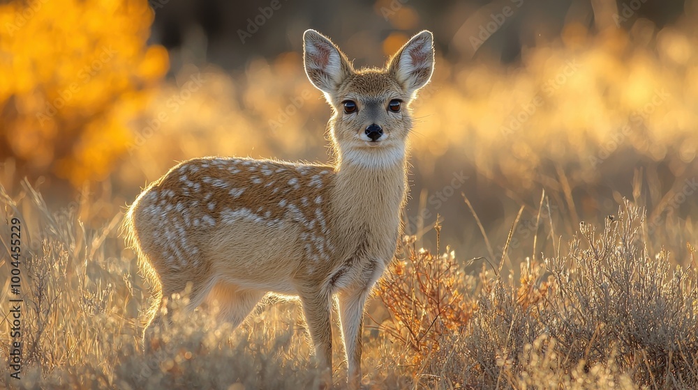 A young deer stands gracefully in a sunlit meadow surrounded by golden foliage in autumn A young deer stands gracefully in a sunlit meadow surrounded by golden foliage in autumn