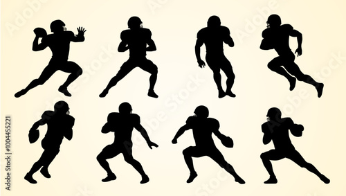 Silhouettes of American football players in various action poses, depicting passing, running, and defensive stances. The figures are shown in dynamic motion, highlighting athleticism and strategy.