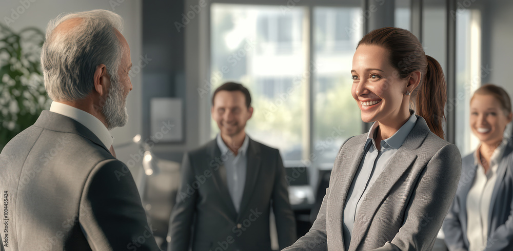 Business professionals meet for the first time at a conference, exchanging smiles and handshakes as they introduce themselves. The environment is welcoming and conducive to networking. Business professionals meet for the first time at a conference, exchanging smiles and handshakes as they introduce themselves. The environment is welcoming and conducive to networking.